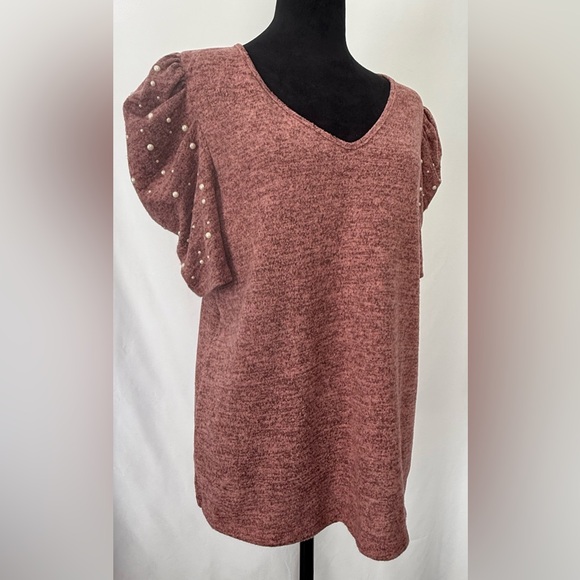 Ivy Ridge Tops - Ivy Ridge, Heather Pink Short Puffed Sleeve Pearl Accents 80's Vibe, Sweater